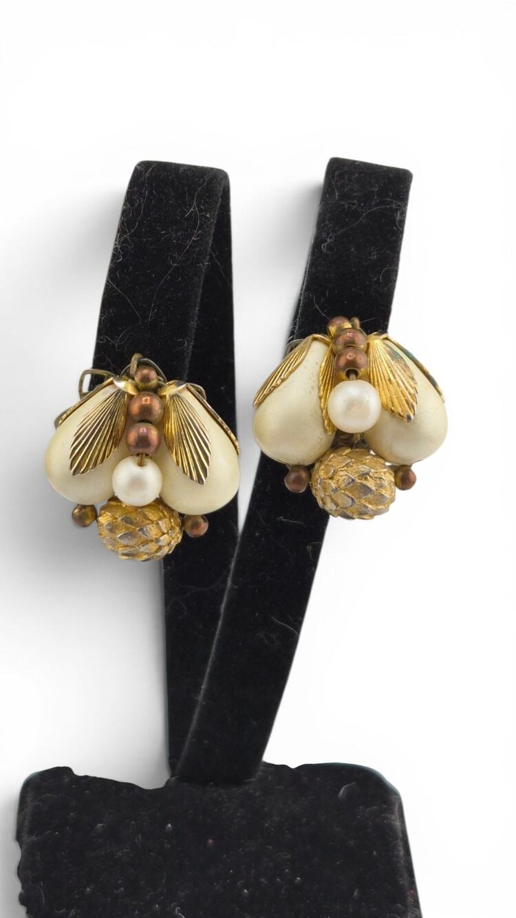 Vintage Mid Century Fruit Cluster Clip On Earrings White Lucite Gold Tone